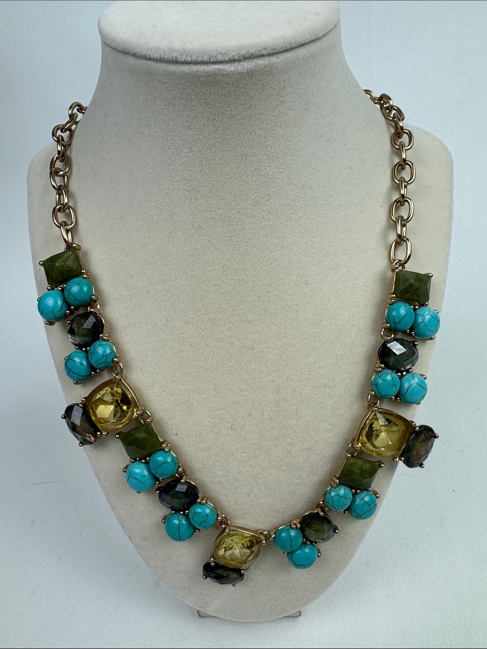 Chico's Gold-Tone Necklace with Turquoise, Olive & Smoky stones New NWT